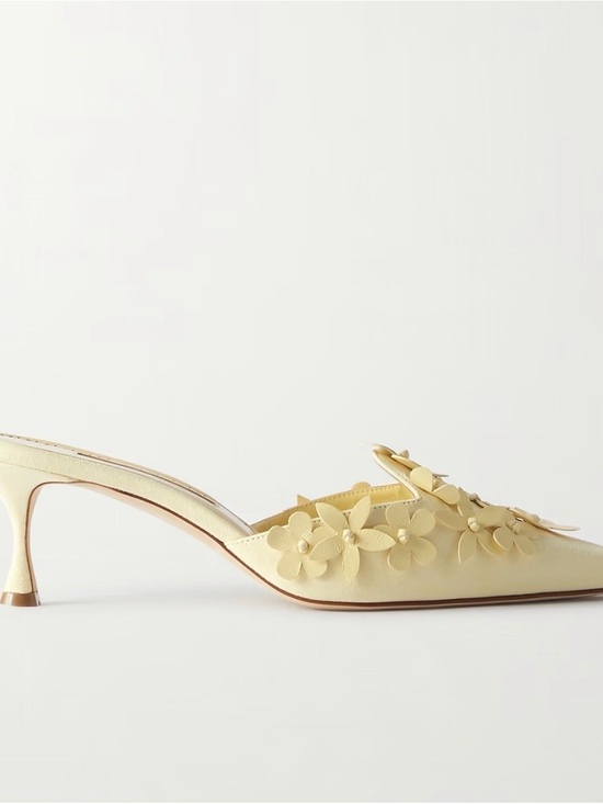 Manolo Blahnik Shoes - Manolo Blahnik’s Harnes 50 Appliquéd Suede Mules Pastel Yellow Size EU 40